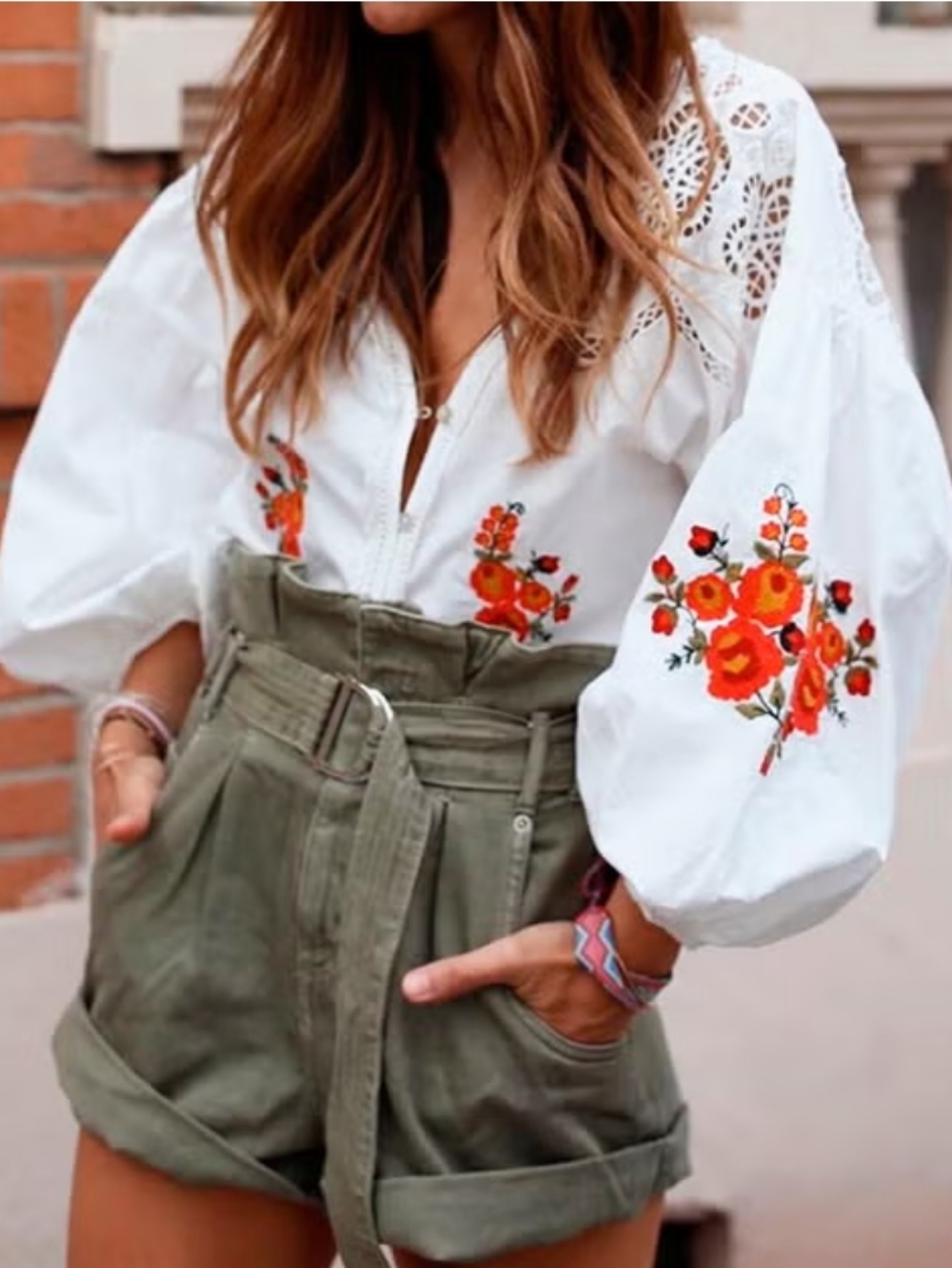 Zara Embroidered Puff-Sleeve Blouse with Floral Detail XL